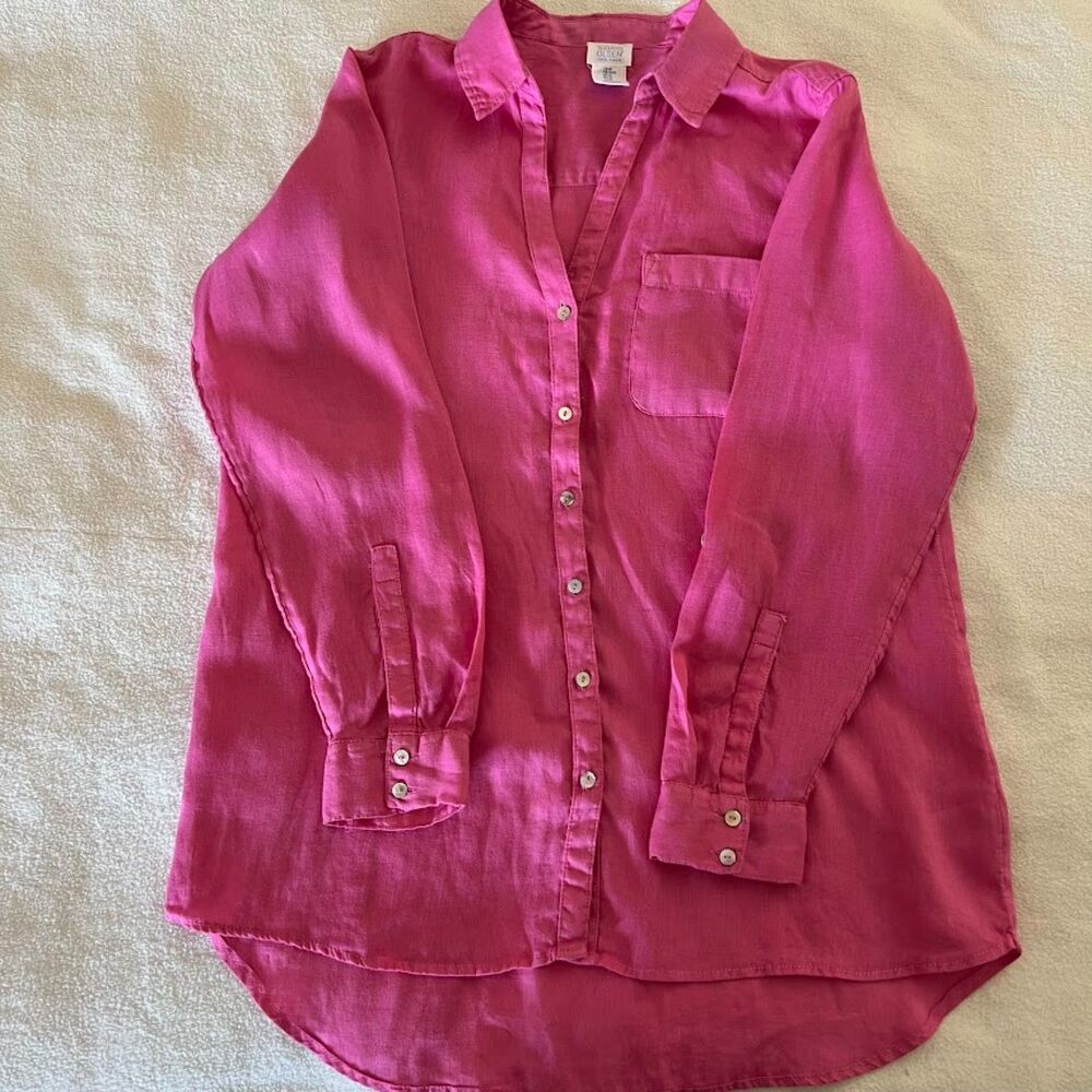 Sigrid Olsen Women's Button-Down Shirt Hot Pink Linen Casual Lagenlook, Size M